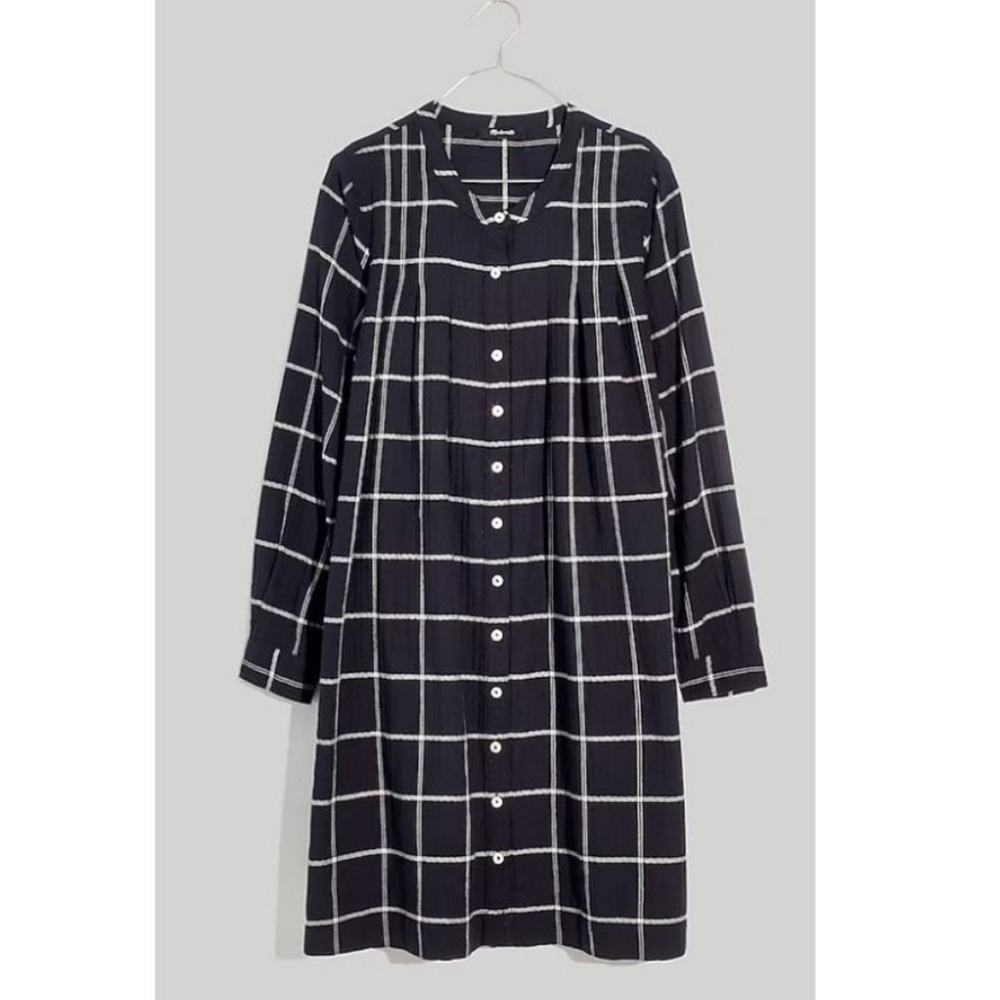Madewell Collarless Shirtdress Windowpane Black White M Medium Long Sleeve NI668